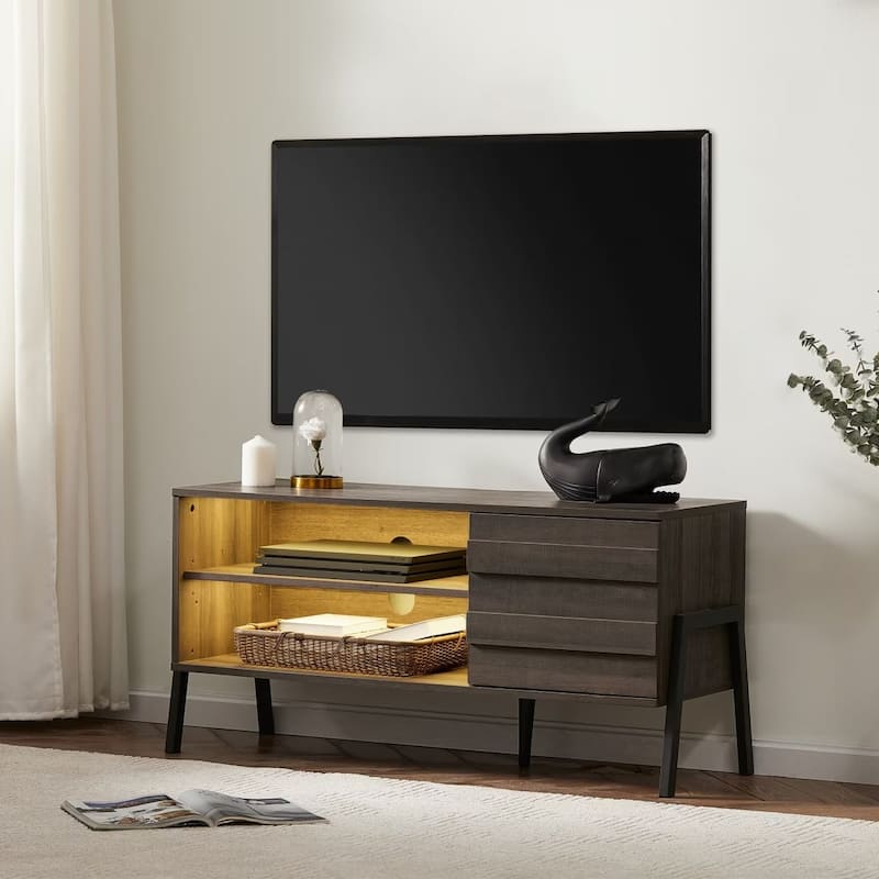 Mid-Century Modern TV Stand for 55"/65"/75" TV Console with LED Light - 43" - Espresso & Yellow LED