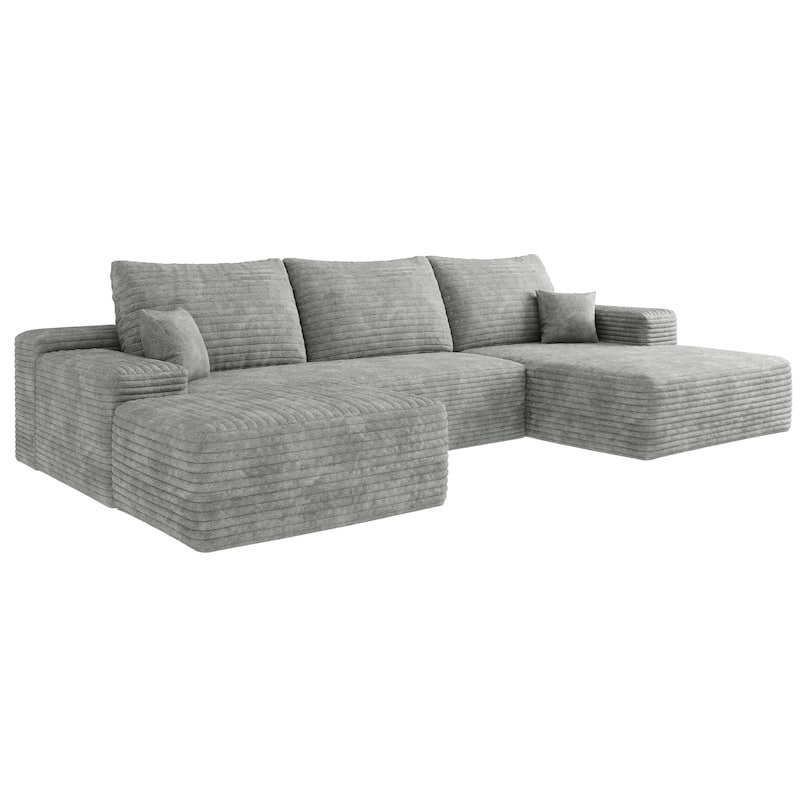 Living Room Corduroy U-shaped Chaise Sectional Sofa with Ottoman, Modern Floor Standing Deep Seat Cloud Upholstered Couch