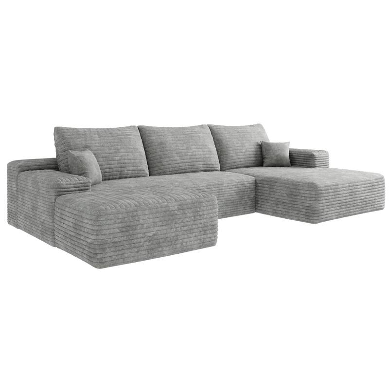 Modern Corduroy Compression Chaise Couch, U-shaped Sectional Sofa with Ottoman and Pillows Backrest for Living Room