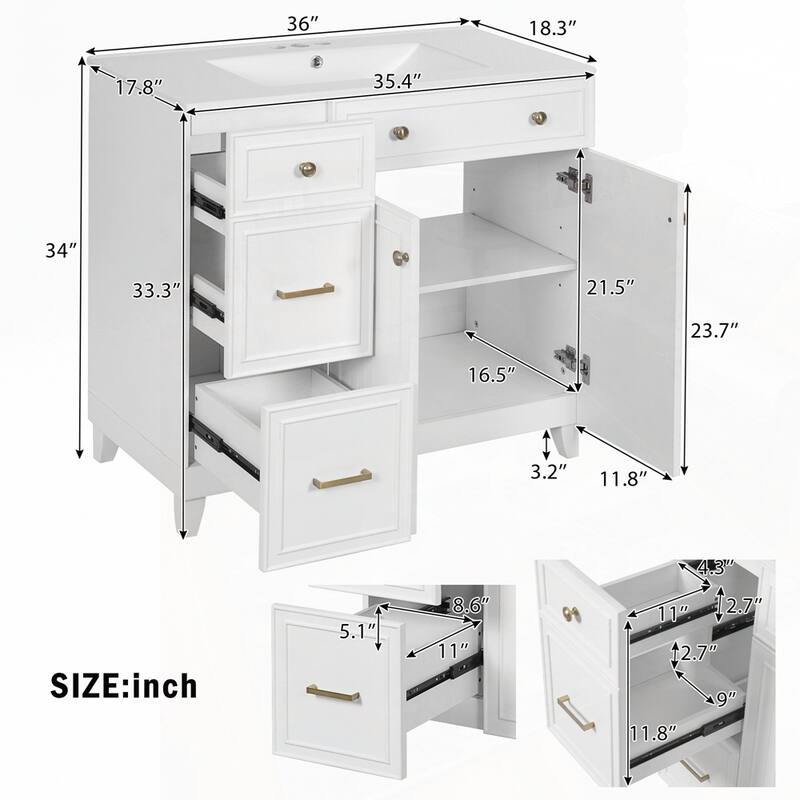 Bathroom Vanity with Ceramic Sink and Adjustable Shelves