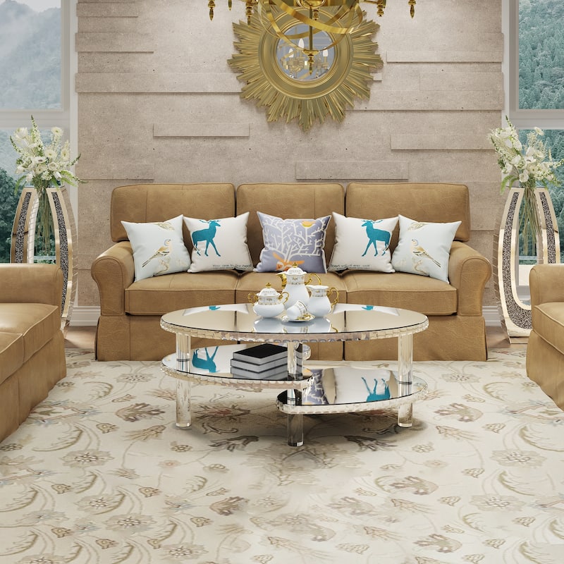 Silver Mirrored Glass Crystal Decor Coffee Table, Oval Double-Layer With Acylic Legs, Modern Home Furnishing - Silver