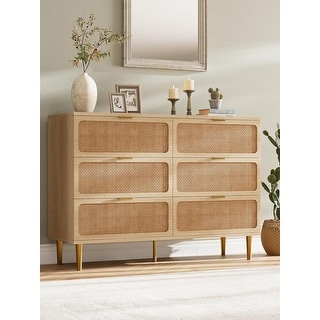 6 Drawer Dresser for Bedroom, Rattan Chest of Drawers