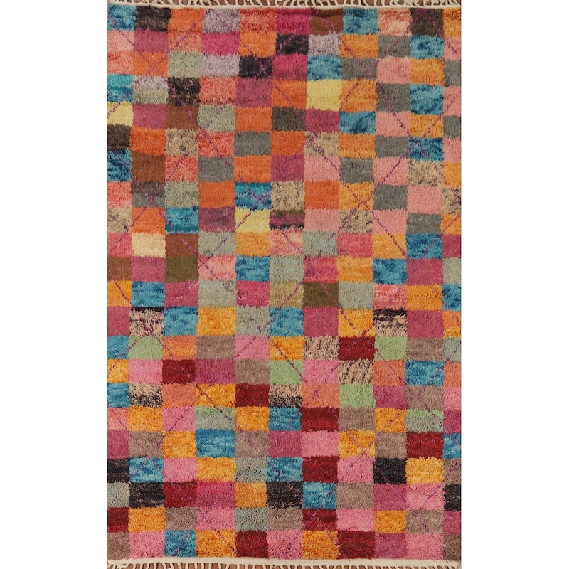Checkered Plush Moroccan Oriental Area Rug Handmade Wool Carpet - 6'6" x 10'9"