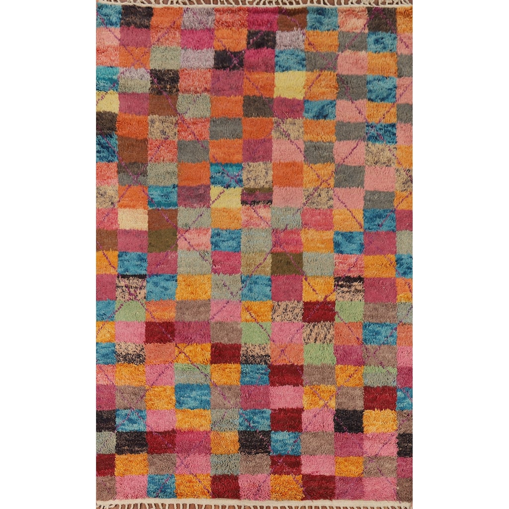 Checkered Plush Moroccan Oriental Area Rug Handmade Wool Carpet - 6'6" x 10'9"