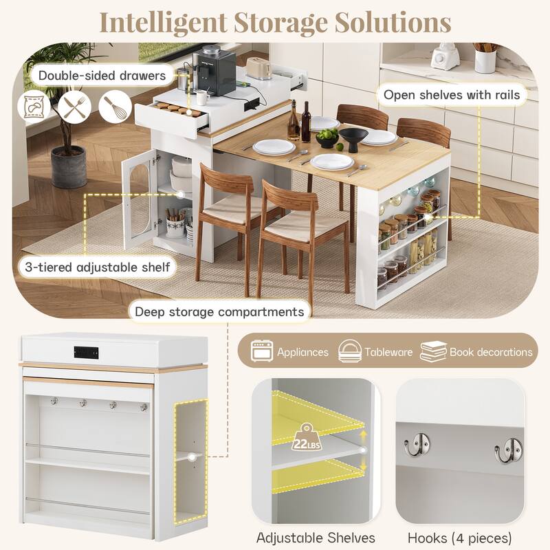 Extendable Dining Table with Folding Tabletop, Bar Table with Drawers and Power Outlet, Kitchen Island with Wheels and Hooks