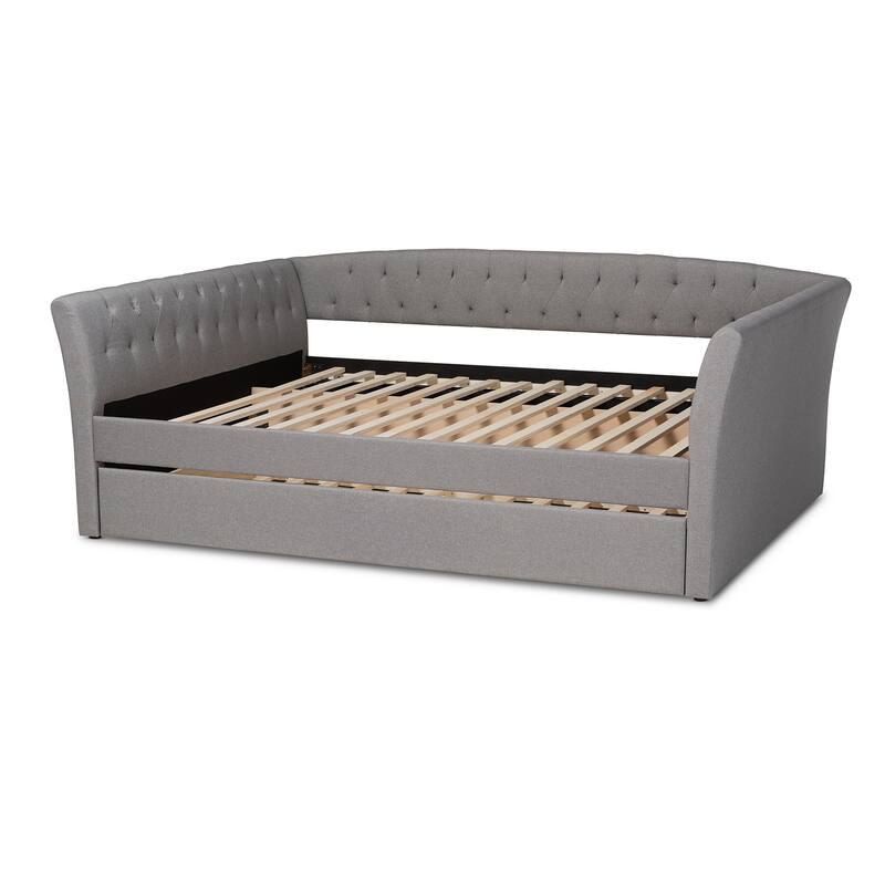 Queen Size Daybed with Trundle - Light Grey Upholstered Farmhouse Modern Bed