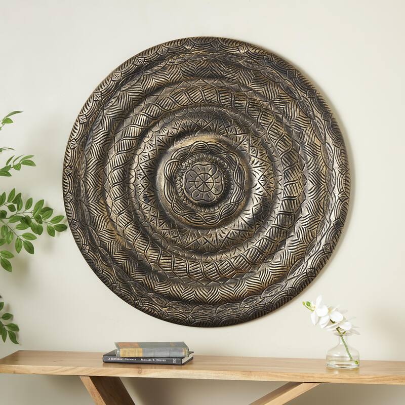 Wooden Floral Carved Wall Decor with Scroll and Leaf Details - Bronze - Roche River Decor