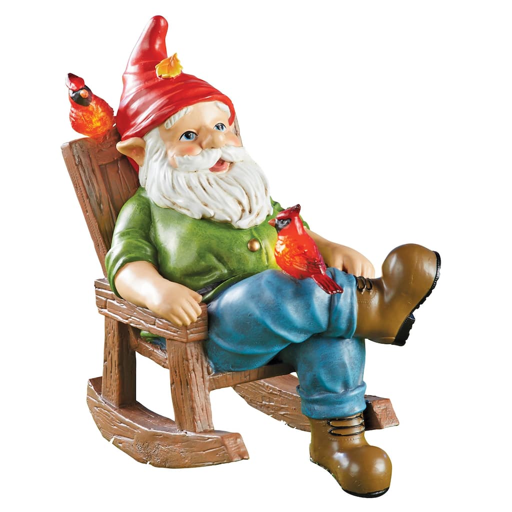 Solar Powered Gnome in Rocking Chair Outdoor Garden Statue - 8.5 x 8.25 x 5.25