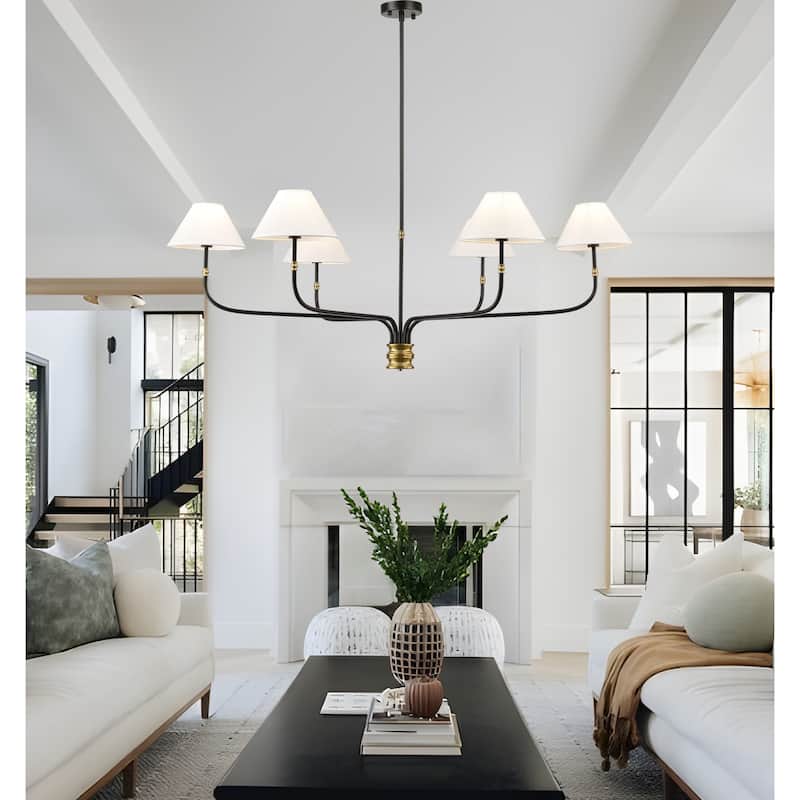 6-Light White Fabric Shade Chandelier- Black with Brushed Brass Accent