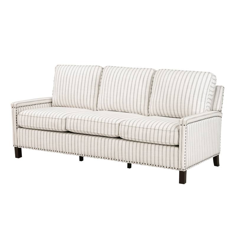 Claire 78 Inch Sofa, Beige, Gray Polyester Pinstripes, Cushions, Solid Wood