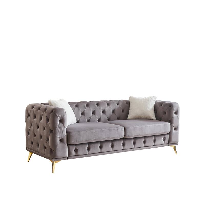 Velvet Upholstered 3 Seater Sofa, Chesterfield Tufted Button Sofa, Lounge Sofa Chair with 2 Pillows & Metal Legs