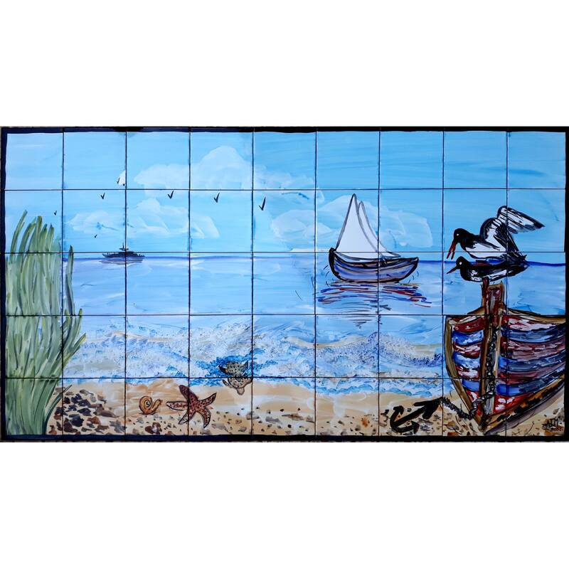 54in x 30in Mating Sea Birds Design 45pc Tile Ceramic Wall Mural Bed