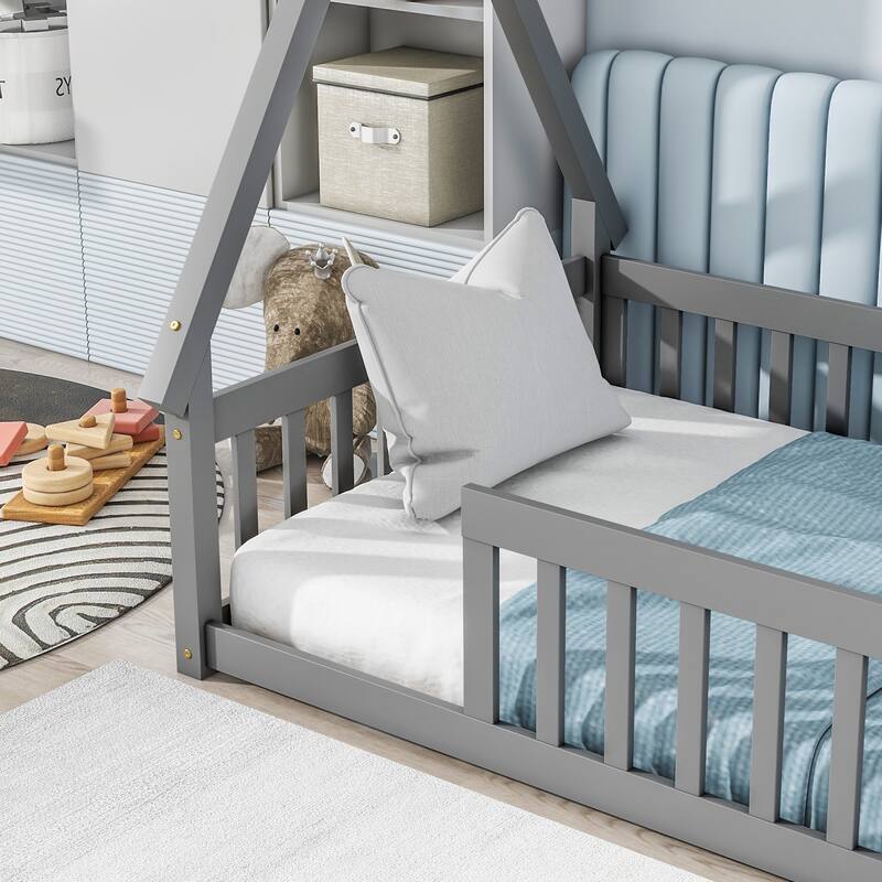 Twin Tent-shaped Floor Bed with Guardrails and Slats, Grey