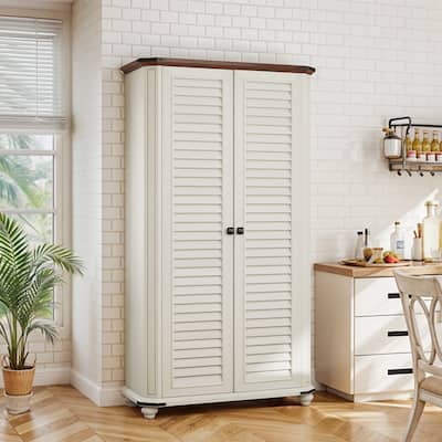 Farmhouse Pantry Cabinet with 4-Tier Storage Adjustable Shelves Two Magnetic Doors and Hooks for Kitchen Organization