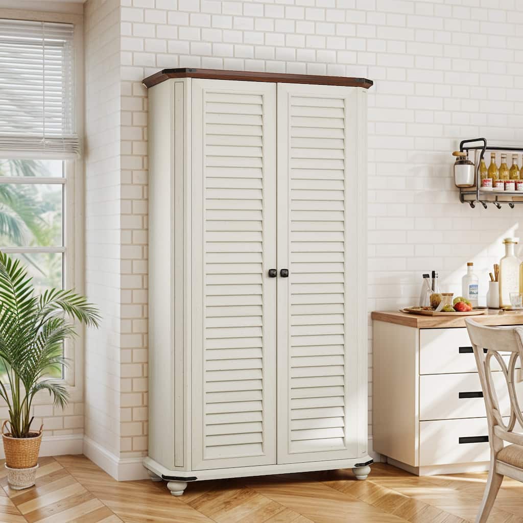 Farmhouse Pantry Cabinet with 4-Tier Storage Adjustable Shelves Two Magnetic Doors and Hooks for Kitchen Organization