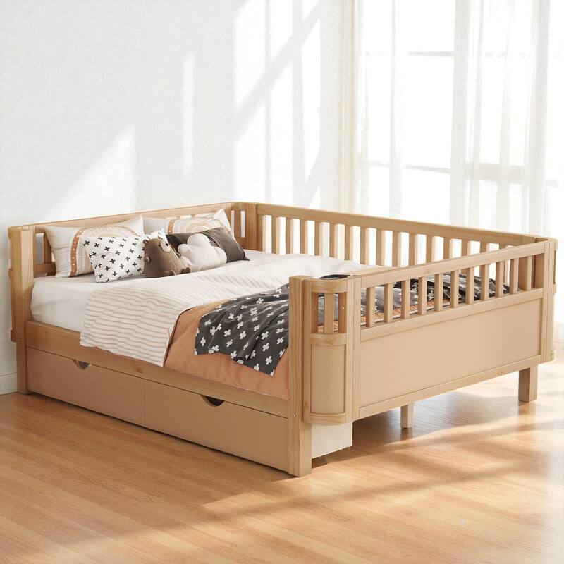 Twin/Full Size Wooden Platform Bed with Safety Rails and 2 Storage Drawers, Low Profile Kids Bed Frame - Natural - Full