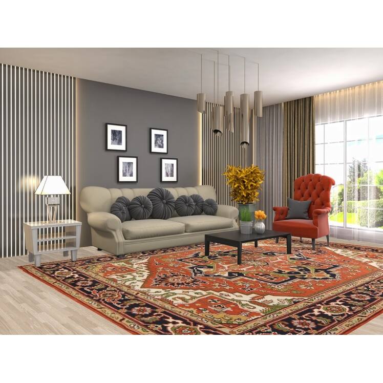 Medallion Heriz Serapi Indian Rug Hand-Knotted Orange Wool Carpet - 8'10"x 11'11"