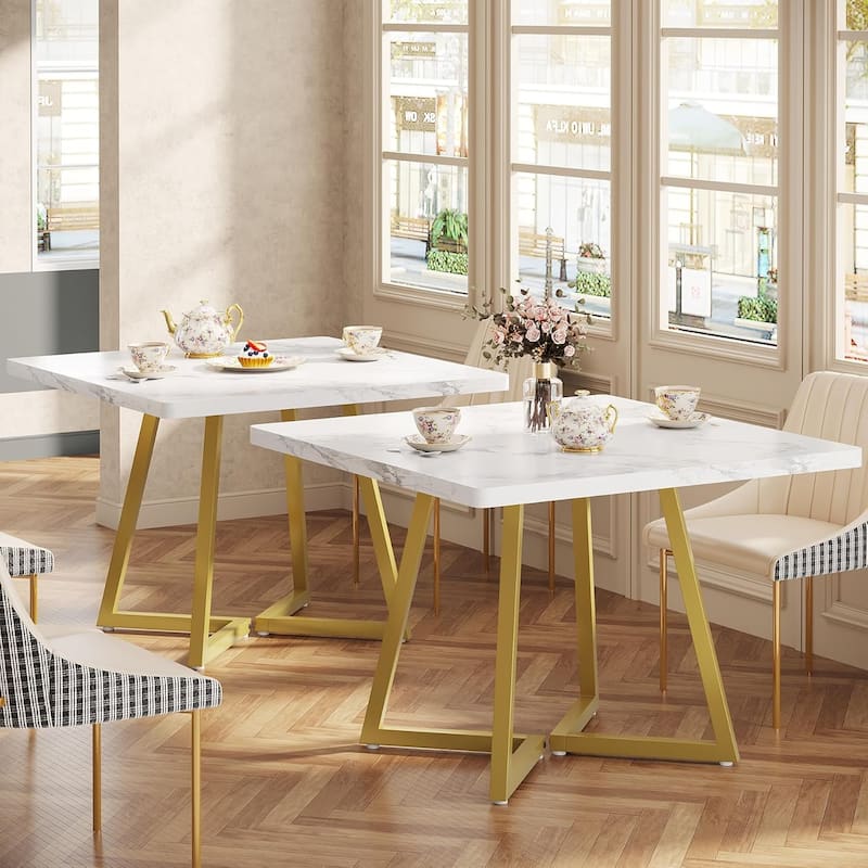 Square Dining Table Set, Industrial Dinner Table with Metal Base for Bar, Coffee Shop, Resturant - 2PCS - White & Gold