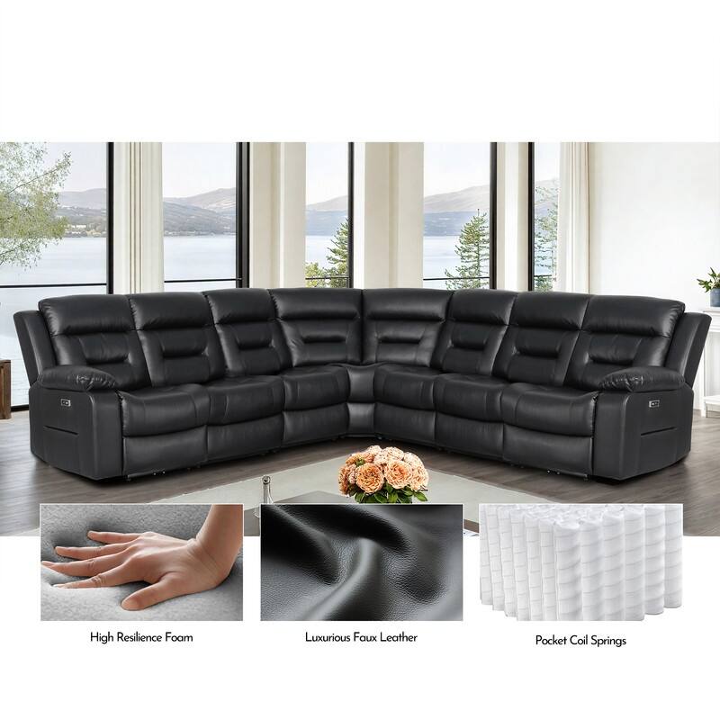 119'' Faux Leather Power Recliner 7-Seat Large Sectional Reclining Sofa with USB Port