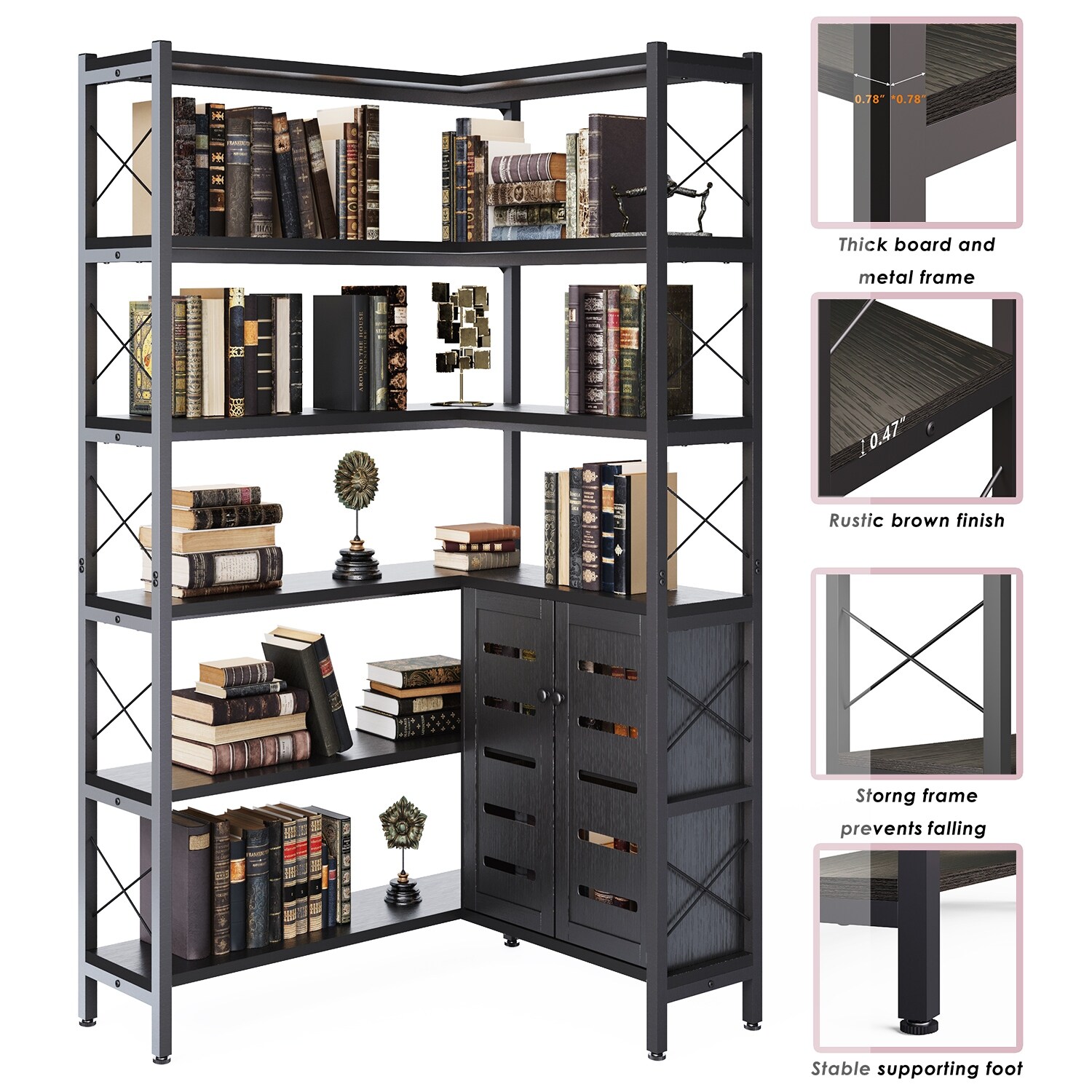 6-Shelf Corner Bookshelf, Vintage Industrial Corner