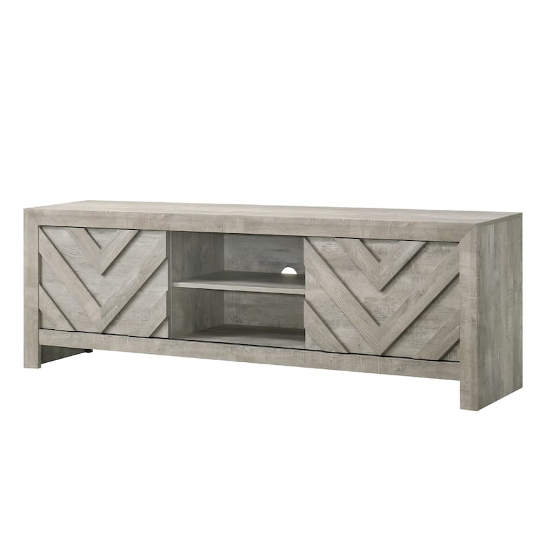 Velz TV Media Stand Console, 2 Chevron Doors, Open Shelves, Beige