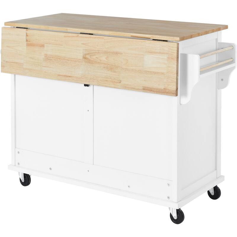 Wooden Kitchen Island with Rubber Drop-Leaf Countertop, Rolling Storage Cabinet wConcealed Sliding Barn Door & Adjustable Height