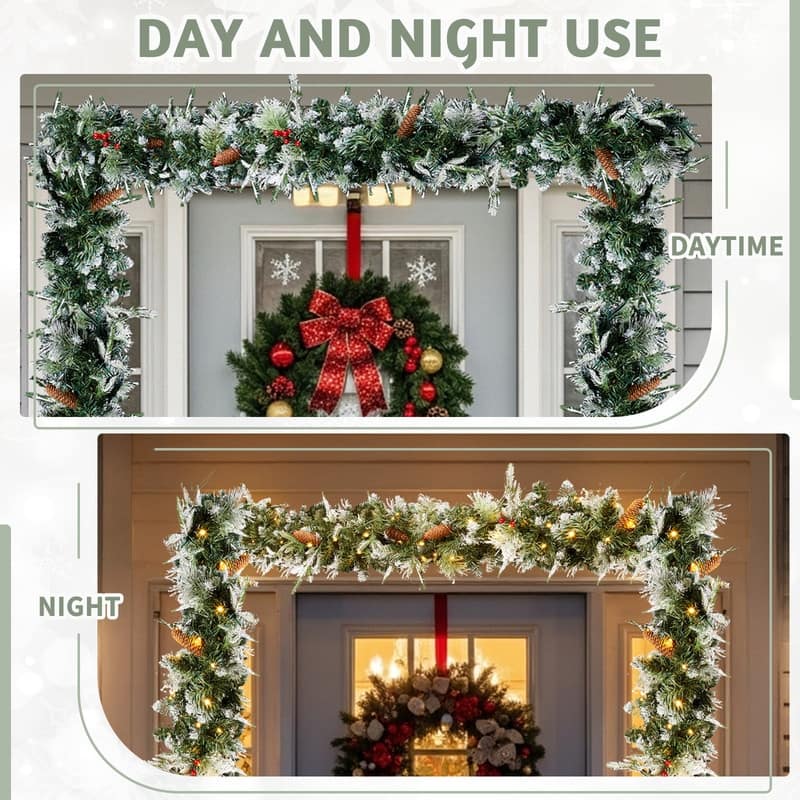 2 Pack 9FT Pre-lit Snow Flocked Christmas Garland