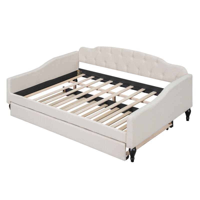 Full Size Daybed, Low-Profile Upholstered Tufted Trundle w/Button Back and Piping Waved Shape Arms for Bedroom/Apartment
