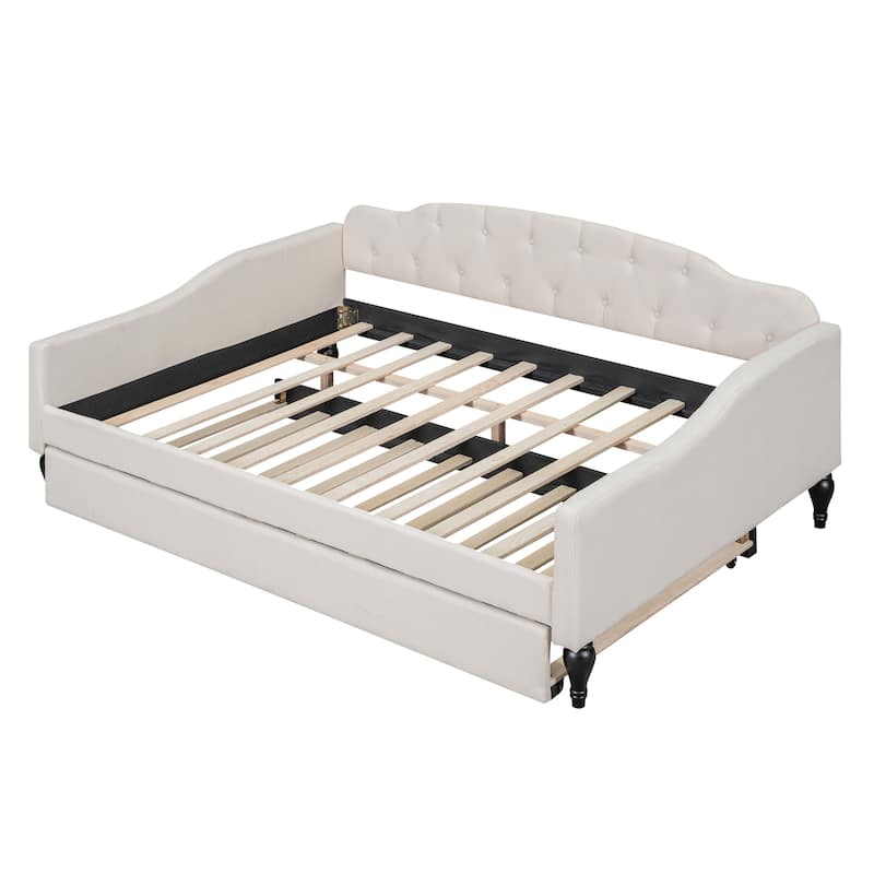Multifunctional Design Full Size Upholstered Tufted Daybed with Twin Size Trundle for Bedroom