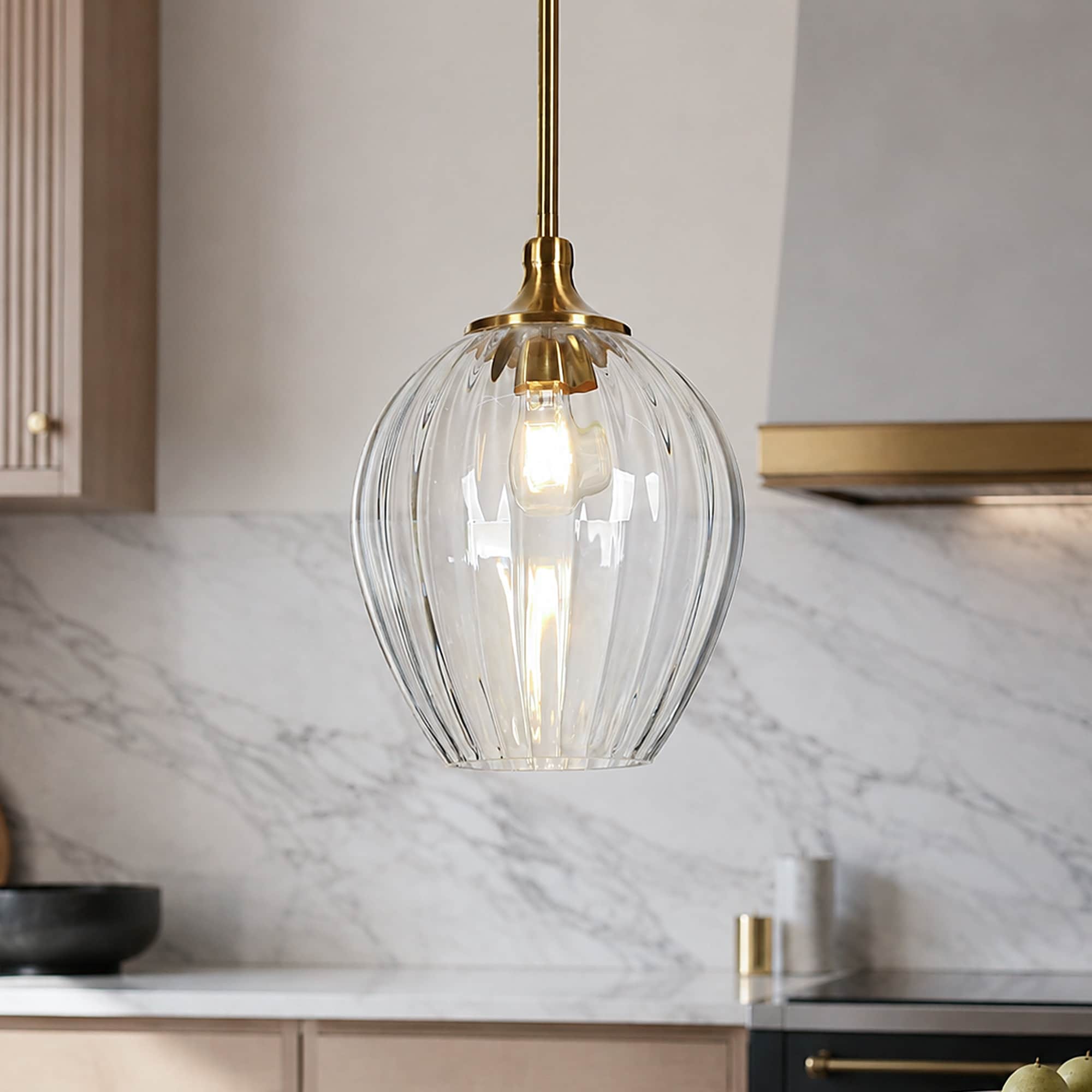 Modern Glam 1-Light Brass Clear Ribbed Glass Pendant Light for Kitchen Island - 9"