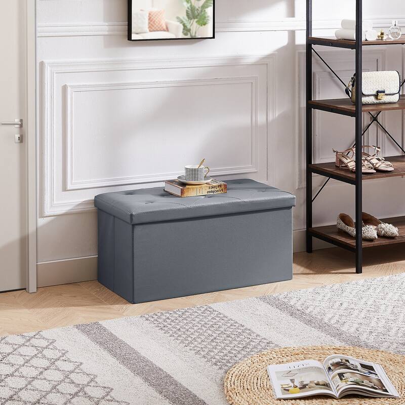 2 PC Storage Folding Ottoman, Storage Footrest Stool, Faux Leather Storage Bench Cube with Padded Seat for Small Space