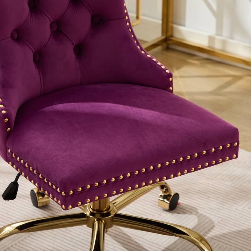 Velvet Swivel Office Chair with Wheels, Tufted Button Home Office Chair, Adjustable Vanity Chair with Metal Base