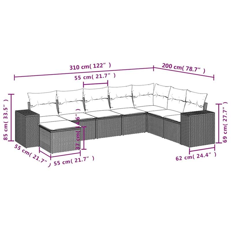 vidaXL 8/9 Piece Patio Sofa Set with Cushions Black/Brown/Gray Poly Rattan - 24.4 x 24.4 x 27.2