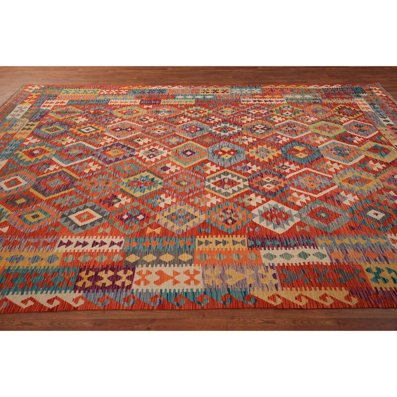 Kilim Oriental Area Rug Flatweave Geometric Orange Wool Carpet - 8'2" x 11'5"