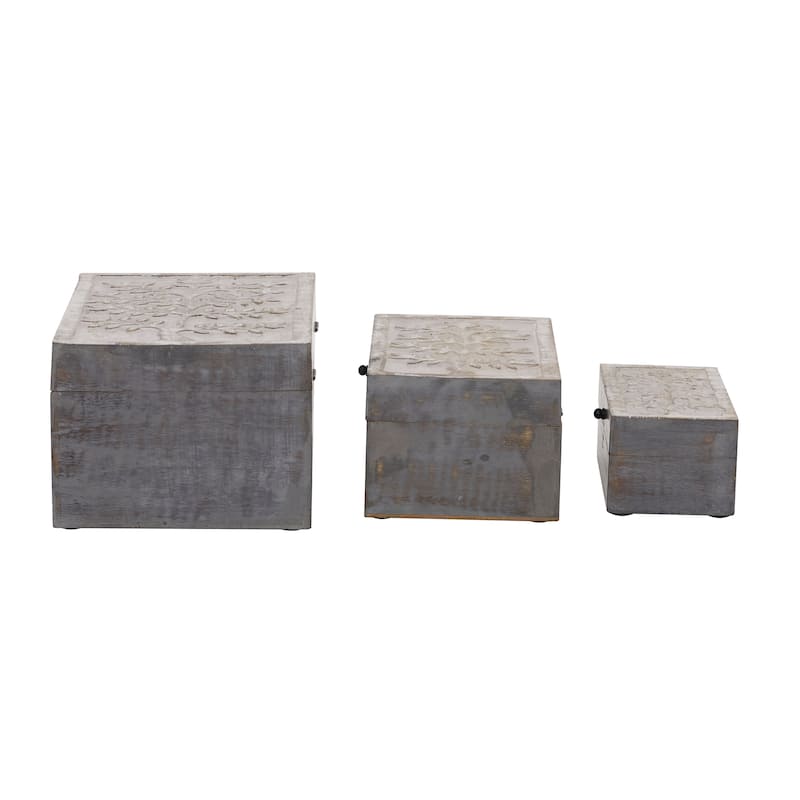 Gray Wood Floral Decorative Box with Hinged Lid (Set of 3)