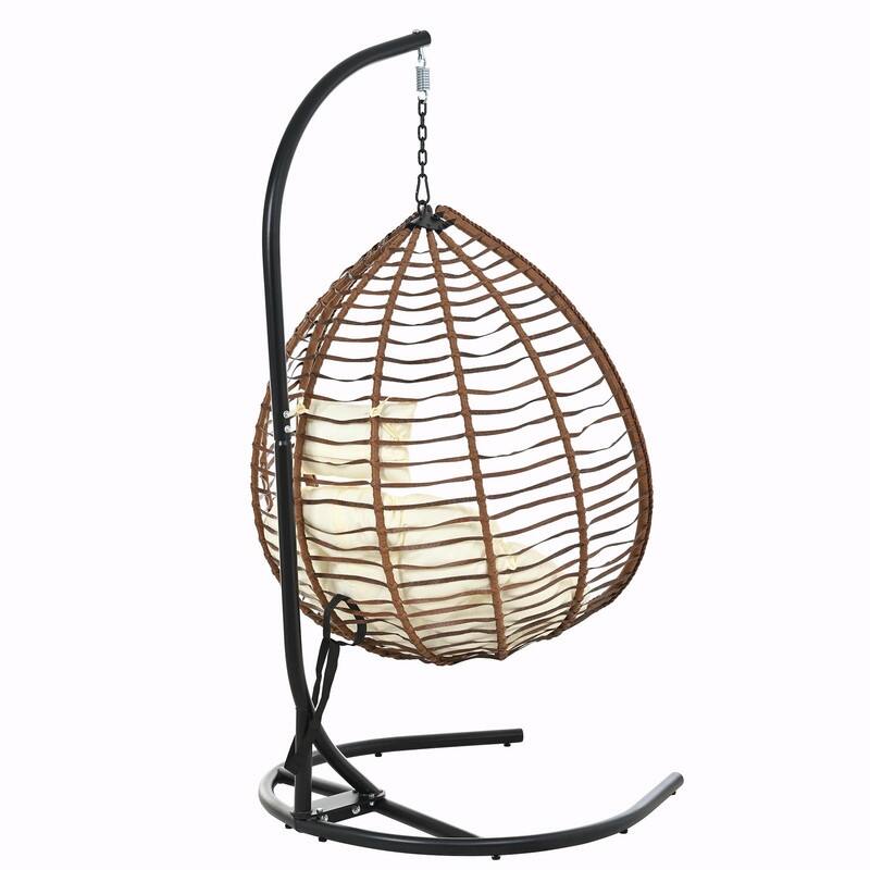 Indoor Outdoor Hanging Hammock Chair with Stand, Foldable Rattan Egg Swing Chair with Cushion & Headrest