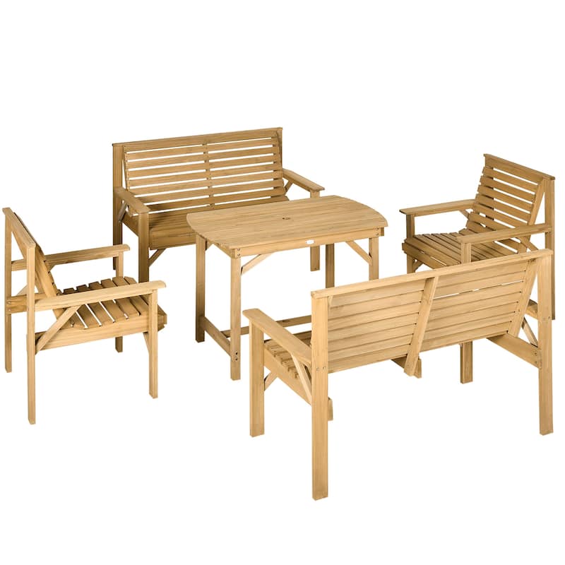 5-Piece Wooden Patio Dining Set for 6 with 2 Armchairs,2 Loveseats,and 1 Dining Table with Umbrella Hole