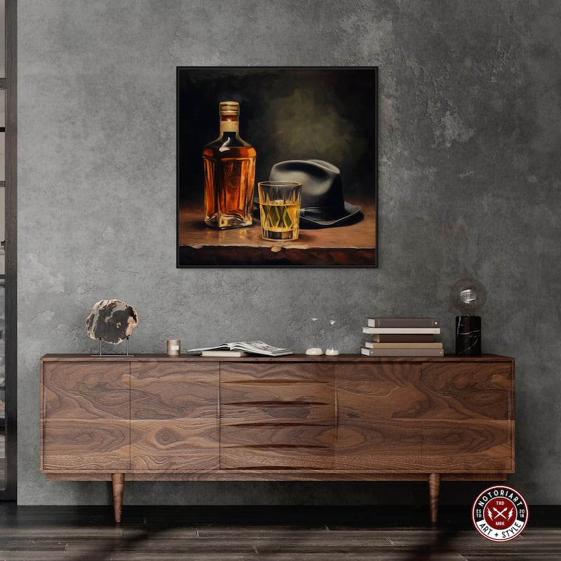Notoriart Whiskey And Vintage Hat Framed Bar Cart Art For Men