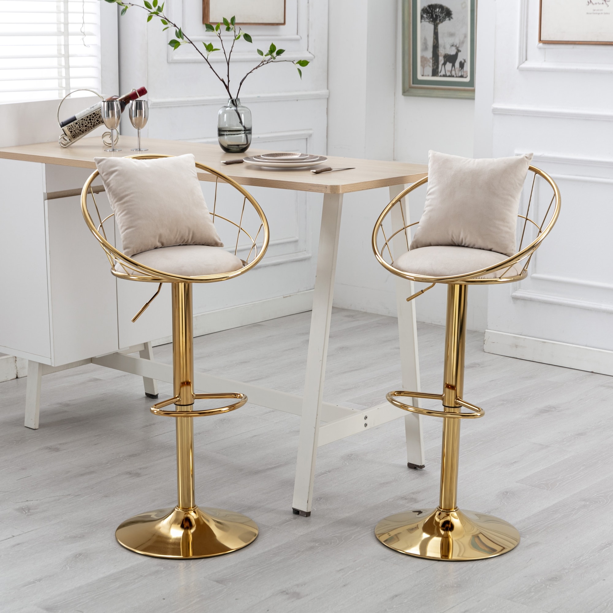 2Pcs Velvet Upholstered Bar Chairs with Gold Plated Metal Chair