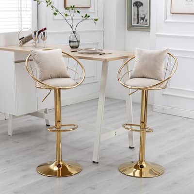 Adjustable Height Swivel Bar Stools Set of 2 with Velvet Padded Seat, Weave Shape Back, Gold Plated Base and Non-slip Pads