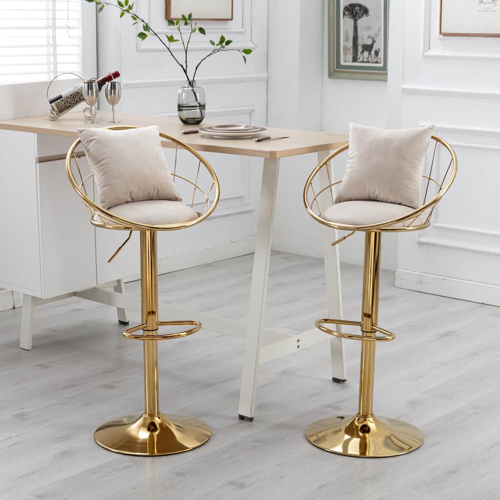 Adjustable Height Swivel Bar Stools Set of 2 with Velvet Padded Seat, Weave Shape Back, Gold Plated Base and Non-slip Pads