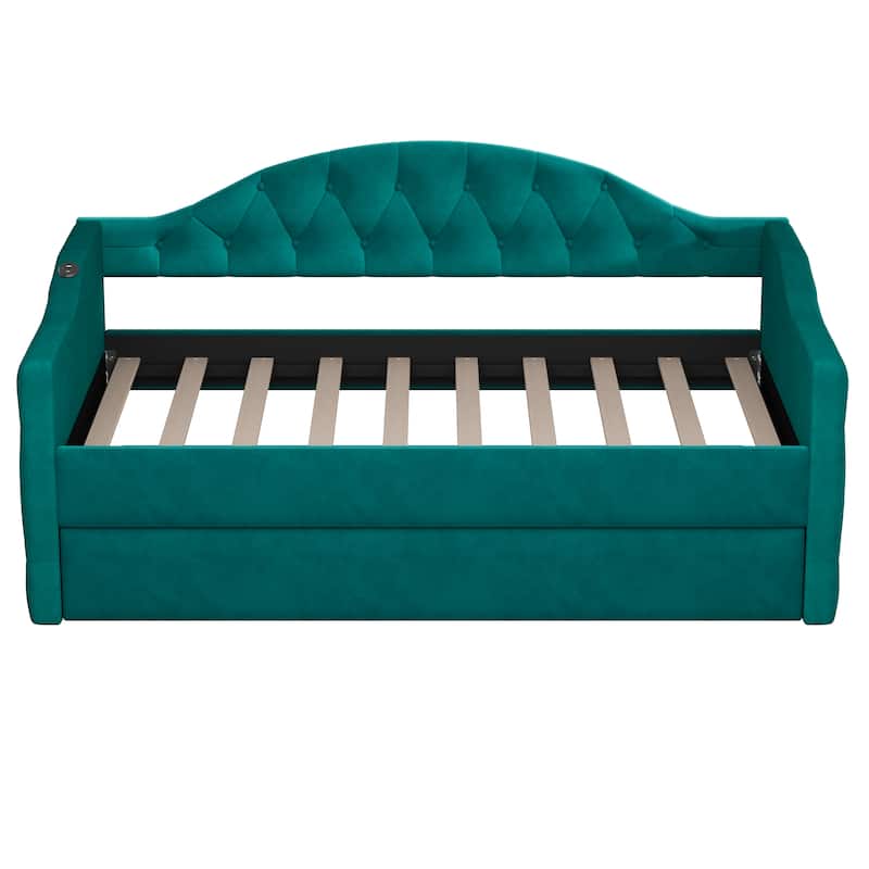 Tufted Upholstered Frame Daybed Velvet Sofa Bed with USB and Type-C Charging Ports, Twin Platform Low Profile Bed with Trundle