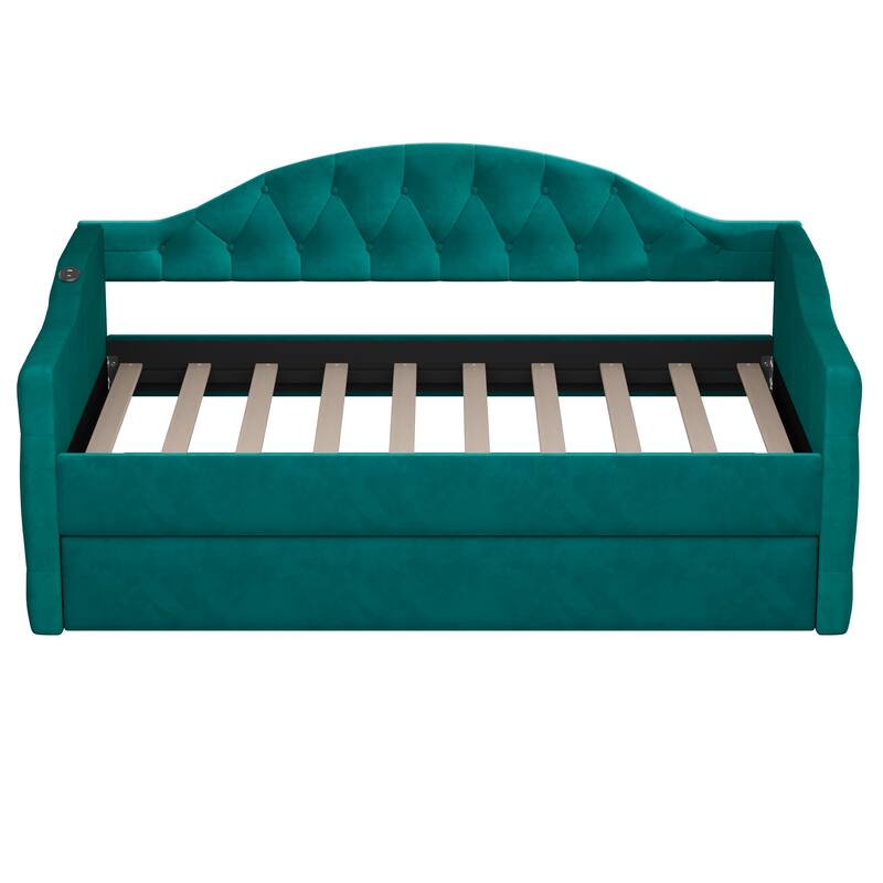 Twin Size Tufted Upholstered Daybed, Velvet Fabric Sofa Bed Frame with Trundle, Living Room Twin Daybed Frame with USB Ports