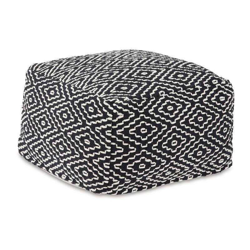 Sena 22 Inch Ottoman Pouf, Handwoven Pattern, Cotton Cover, Black White