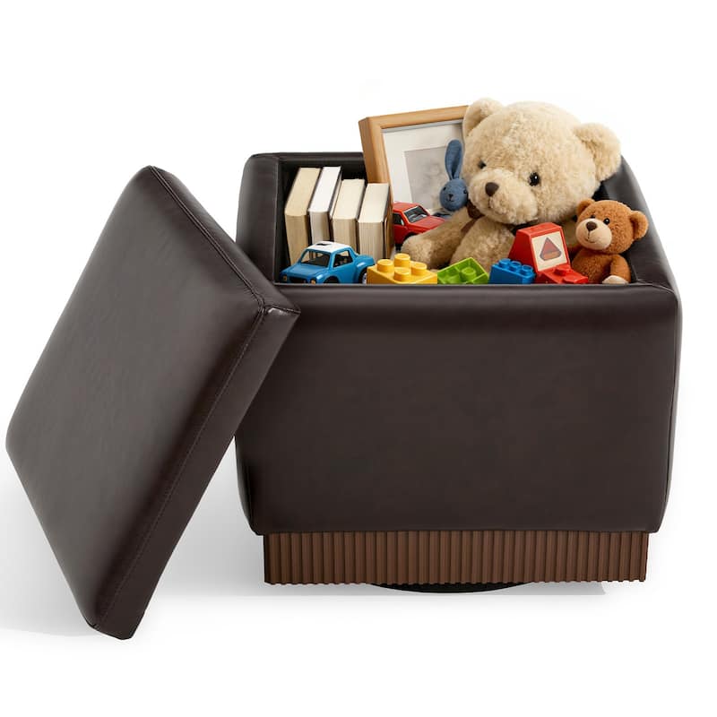 Swivel Storage Ottoman Bench Footstool with Flip-top and Acacia Frame