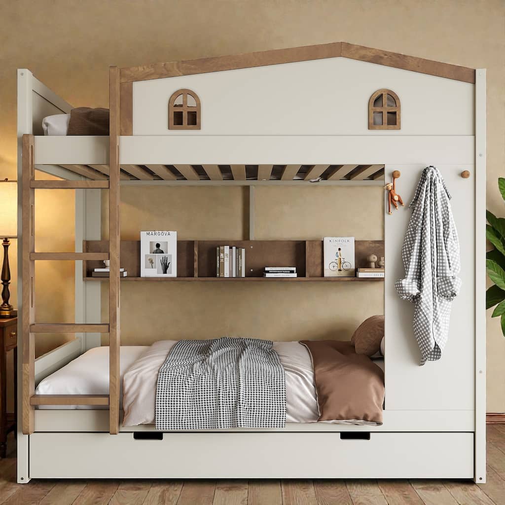 Solid Wood Bunk Bed with Trundle and Storage Shelves, Full Over Full/Queen Over Queen Bunk Bed with Hooks