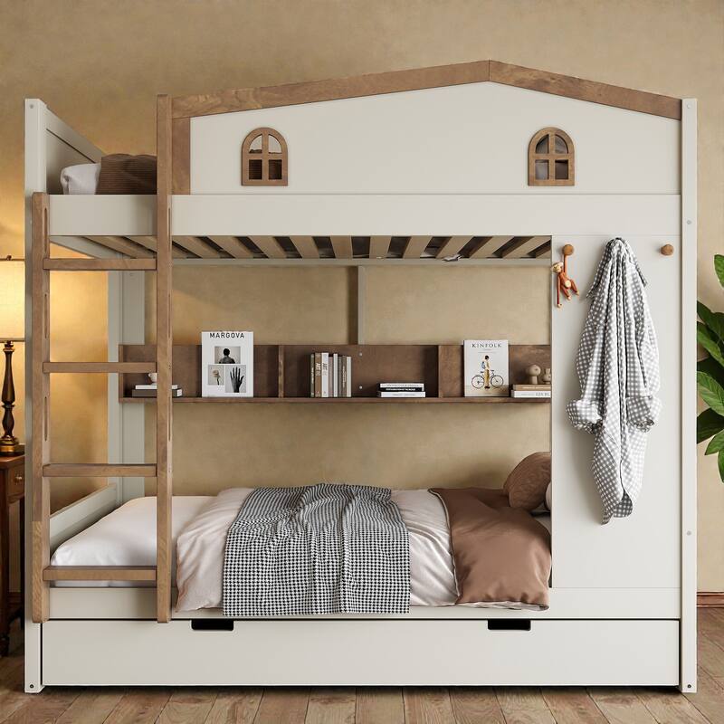 Solid Wood Bunk Bed with Trundle and Storage Shelves, Full Over Full/Queen Over Queen Bunk Bed with Hooks - Beige Natural - Full