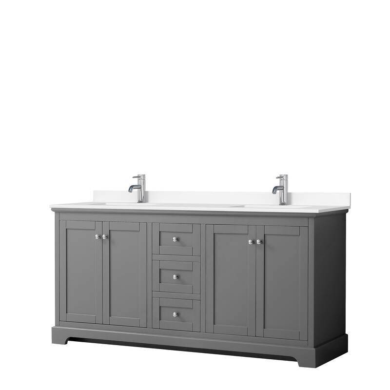 Avery 72 Inch Double Vanity, Cultured Marble Top - Dark Gray, Chrome Trim, White Cultured Marble Top