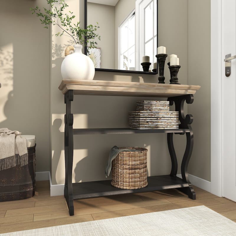 White Wood Scroll Side Frames 2 Shelf Console Table with Brown Wood Top - White or Black