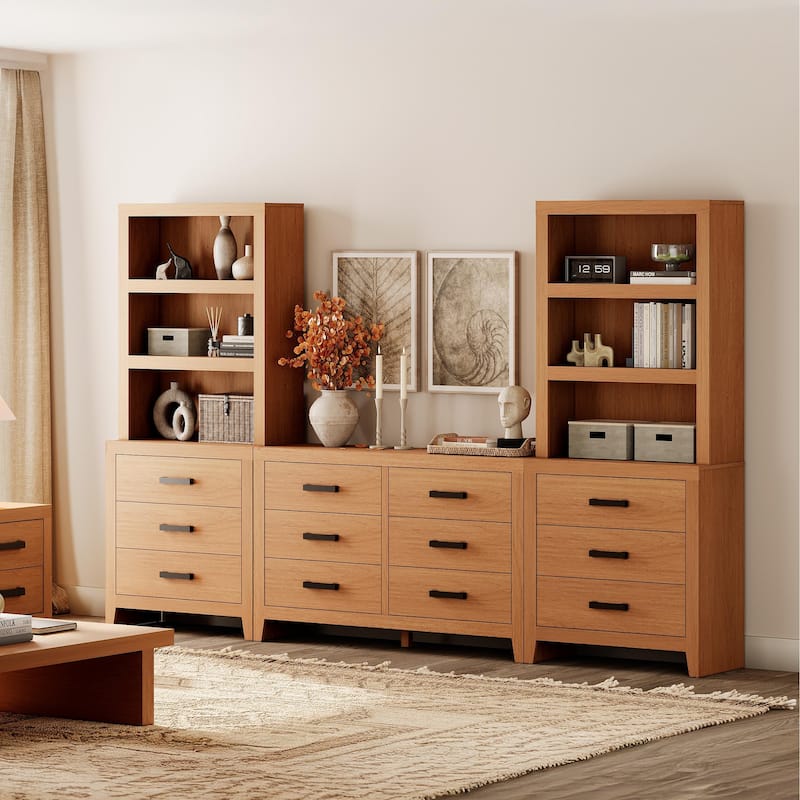 WAMPAT Farmhouse Entertainment Center with Bookshelves, Media Console & Storage Drawers - Mocha